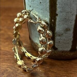 Vintage Large Gold Hoop Earrings with Dot Pattern, Lightweight, For Pierced Ears